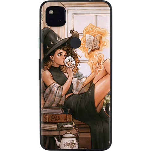 Cozy Autumn Library Witch with Cat and Coffee by Ivy Dolamore Google Pixel 4a Skin